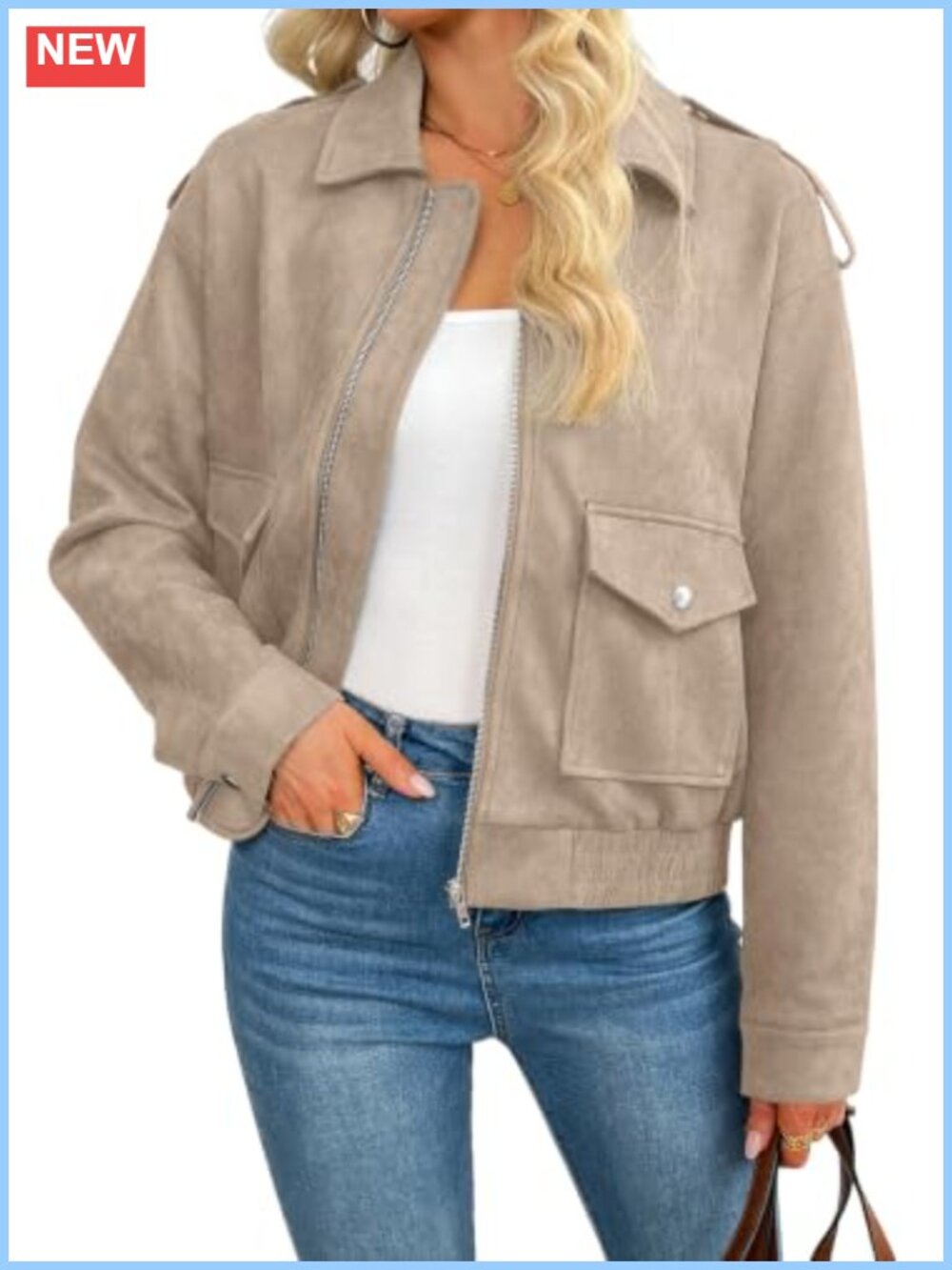 Faux Suede Zip Up Jacket Long Sleeve Casual Outerwear